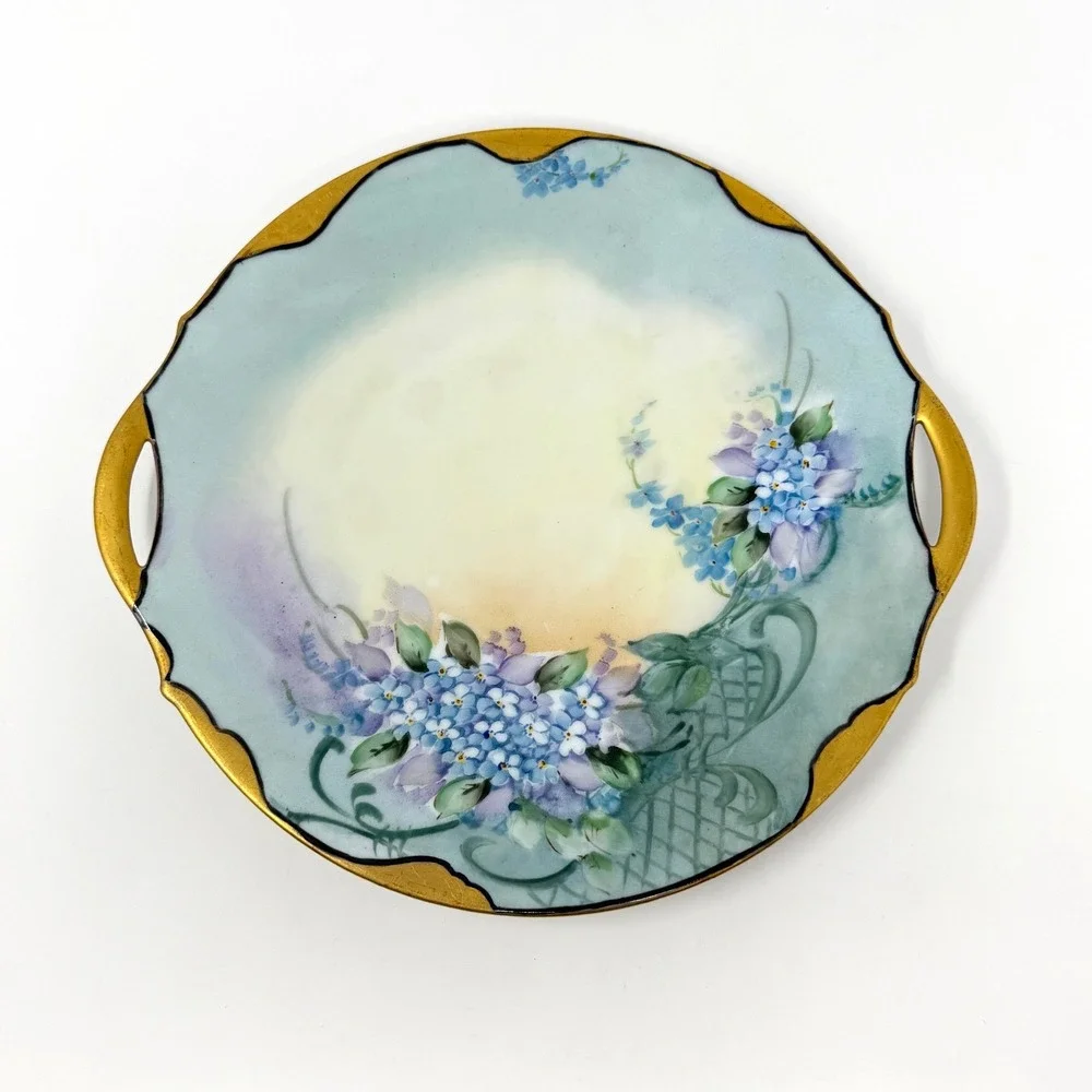 Antique Hand Painted Porcelain Cake Plate Floral Gold Handles Germany 10.5